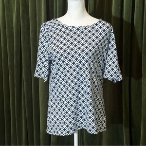 Talbots Pima Cotton Scallop Boatneck Tee – Navy & White Geometric Print